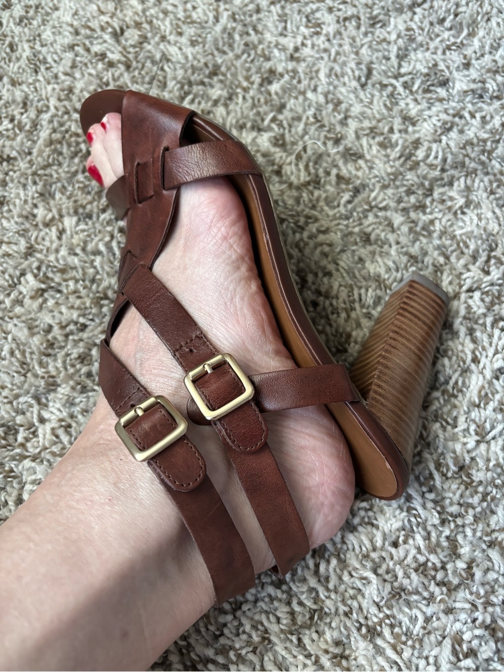 Franco Sarto Brown Leather Strappy Block Heel Sandals belts 10